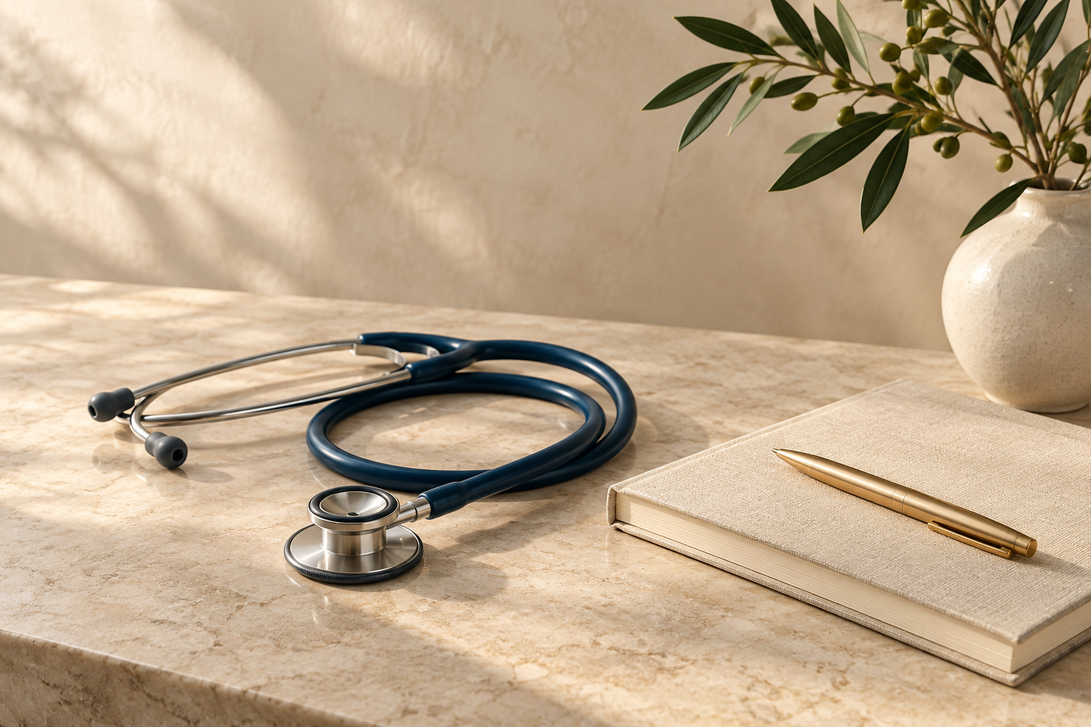 Decorative medical still life with a navy stethoscope, cream notebook, gold pen and greenery